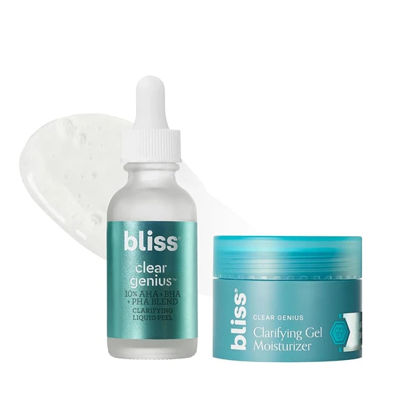 Bliss Clear Genius Clarifying Overnight Liquid Peel and Clear Genius Clarifying Gel Moisturizer with CLARITY 5 Complex