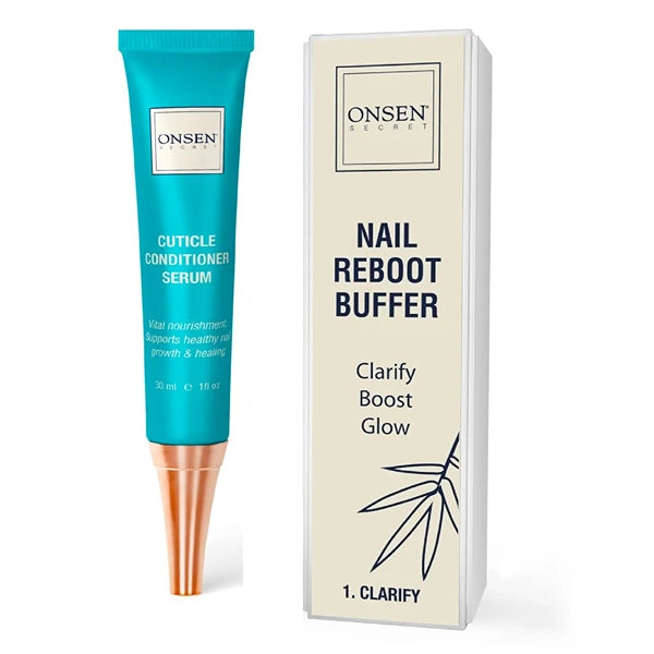 Onsen Secret Cuticle Conditioner Cream 1oz + Professional Nail Buffer Block. Cuticle Oil That Sooth, Repair & Strengthen Cuticles & Nails, 3 Way Nail Buffing Block