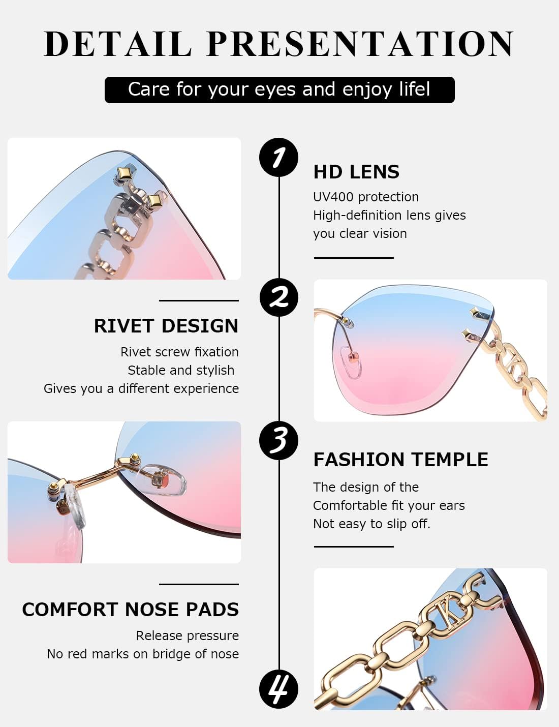 AEVOGUE Oversized Rimless Diamond Cutting Sunglasses for Women (AE0534) - Blue/Pink