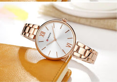 CURREN Ladies Analog Watch Rose Gold Stainless Steel Case Silver Dial Rose Gold Stainless Steel Bracelet