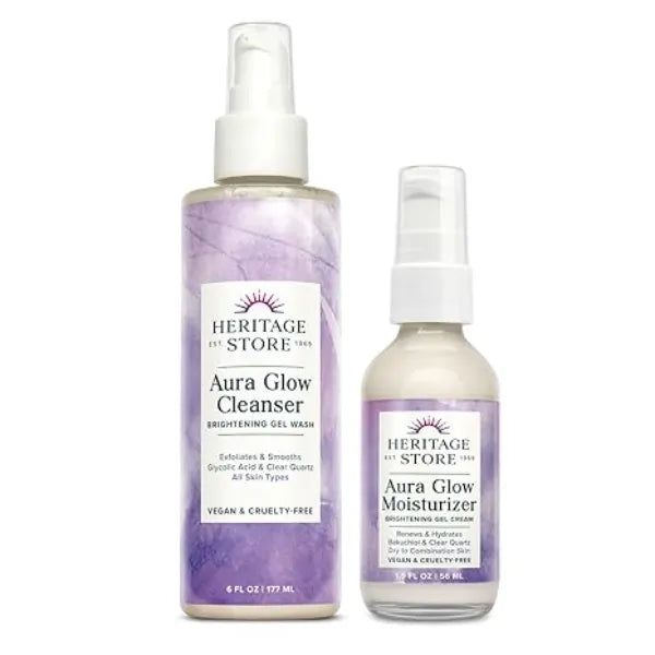 HERITAGE STORE Aura Glow Facial Cleanser, Facial Moisturizer Daily Skin Care Bundle Brightening Face Wash, Moisture Rich Gel Cream, Add Radiance w/Clear Quartz, Vegan, Hypoallergenic, 6oz/1.9oz