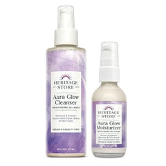 HERITAGE STORE Aura Glow Facial Cleanser, Facial Moisturizer Daily Skin Care Bundle Brightening Face Wash, Moisture Rich Gel Cream, Add Radiance w/Clear Quartz, Vegan, Hypoallergenic, 6oz/1.9oz