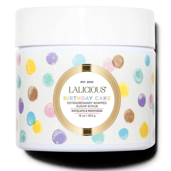 LaLicious Birthday Cake Extraordinary Whipped Sugar Scrub - Pink Shimmer Body & Foot Scrub, Exfoliating & Moisturizing Skin Care with Coconut Oil & Honey, No Parabens - 16oz