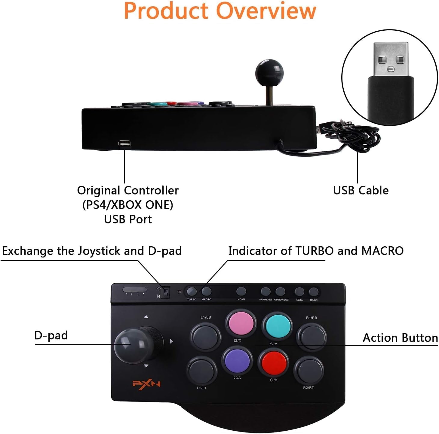 Arcade Stick,Street Fighter Fight Stick,with Turbo & Macro Functions USB Arcade Controller,Suitable for PS3 PS4 Xbox ONE Switch PC Arcade Fight Stick PXN