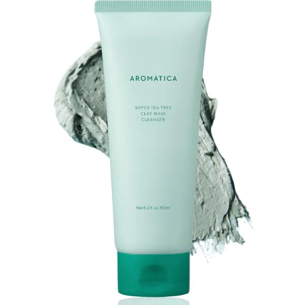 AROMATICA Super Tea Tree Clay Mask Cleanser, Blackhead Remover & Pore Minimizer for Face, Korean Face Wash with Tea Tree Oil, 2 In 1 Acne Skin Care Clay Mask & Cleanser, Oil control (5.0 fl oz)
