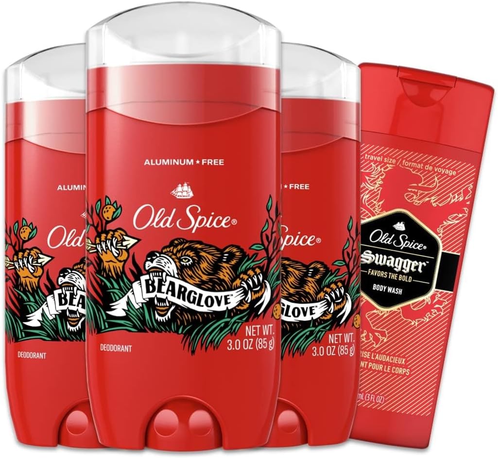 Old Spice Men's Deodorant Aluminum-Free, Bearglove Scent, 48 Hr. Protection, 3.0 oz, (Pack of 3) with Travel-Size Swagger Body Wash