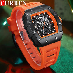 CURREN New Rectangular Luminous Watch Men Sports Casual Silicone Bracelet Semi Hollow Auto Date Dail Wristwatch 8438 - Orange