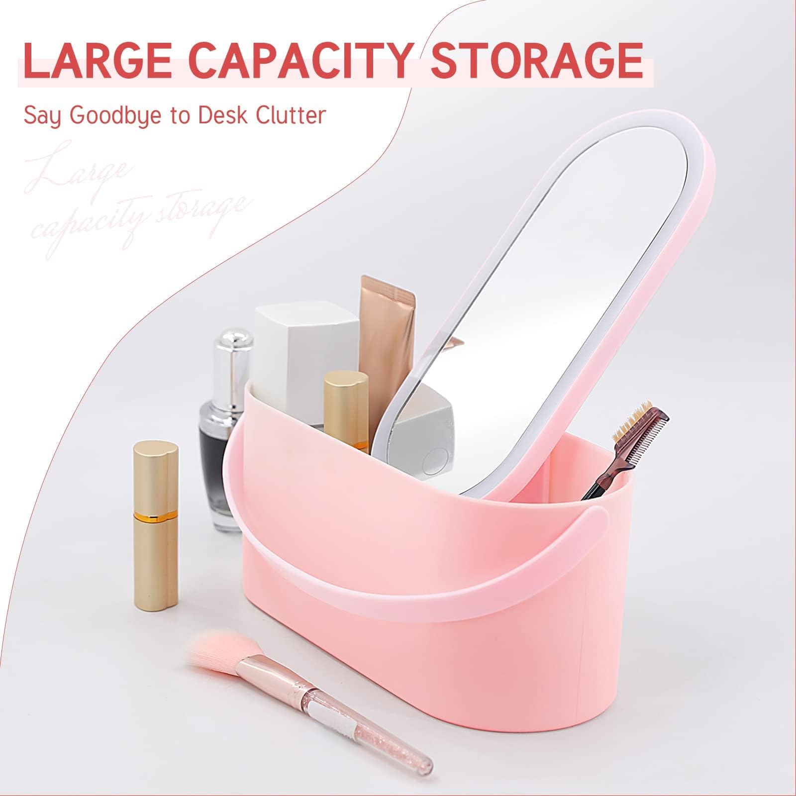 KASTWAVE Portable Makeup Organizer with LED Light & Mirror, Multi-functional Cosmetic Storage Case with Handle for Travel, Camping, Home Use - Stylish Pink Makeup Box