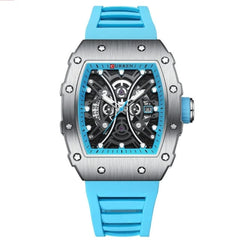 CURREN New Rectangular Luminous Watch Men Sports Casual Silicone Bracelet Semi Hollow Auto Date Dail Wristwatch 8438 - Sky blue