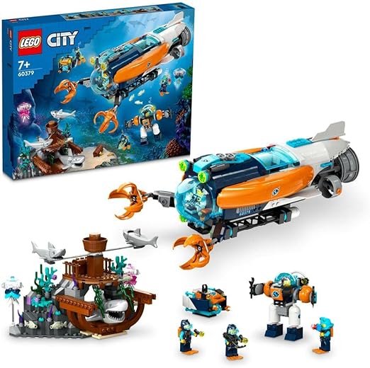 LEGO 60379 City Deep-Sea Explorer Submarine Toy, Underwater Ocean Set with Drone, Shark Figures, Shipwreck and Diver Minifigures, Birthday Gift for Kids, Boys, Girls Aged 7+