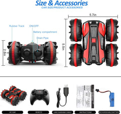 FREE TO FLY Remote Control Car Boat Truck- Amphibious for Kids 4WD Stunt Cars 2.4Ghz Rotating 360°Offroad Terrain RC Vehicle Water Land Toys for 6 7 8 9 10 11 12 Years Old Boys(red)