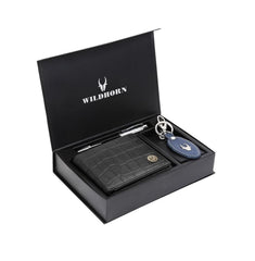 WildHorn® RFID Protected Genuine Leather Wallet & Gift Combo for Men - Black Croco Print