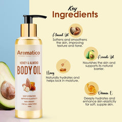 AROMATICO Luxurious Body Oil for Women, Honey & Almond. Hydrating & Nourishing, for Daily Use After Shower, Bath Oil, Massage Oil. Glowing Skin Formula. Non-Greasy, 100% Natural- 200ml