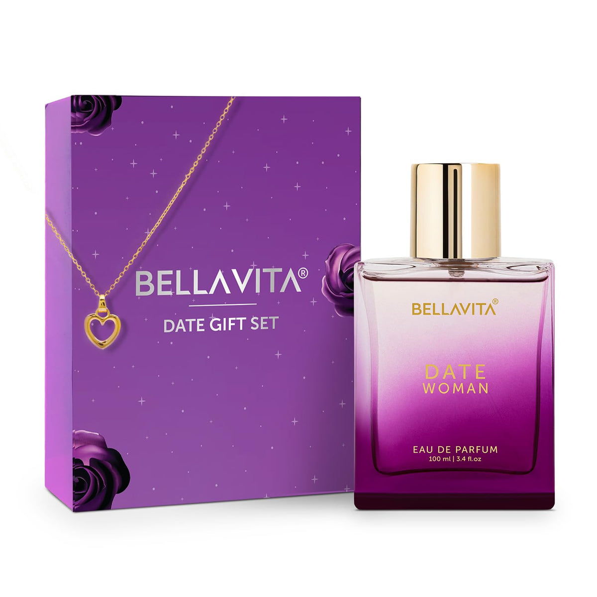 Bellavita Dates Gift Set | Long-lasting Eau de Parfum for Women 100ml | With Pink Pepper and Jasmine | Luxurious Women's Perfume with Heart Pendant and Gold Chain 30g
