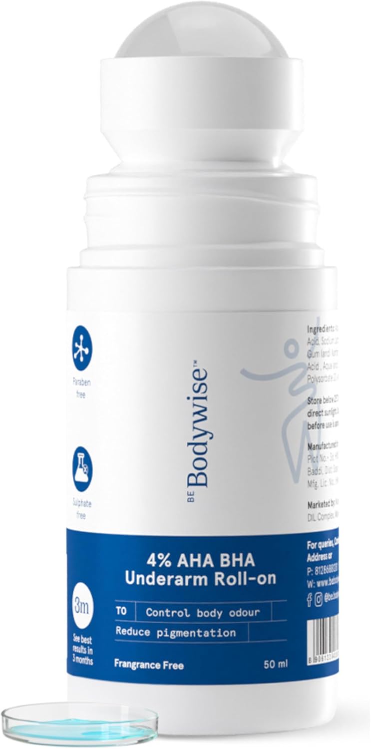 Be Bodywise 4% AHA BHA Underarm Roll on | With 2% Lactic Acid, 1% Mandelic Acid, 1% Salicylic Acid | Prevents Odour, Reduces Pigmentation | For Radiant Underarms | Suitable for Sensitive Skin | 50ml