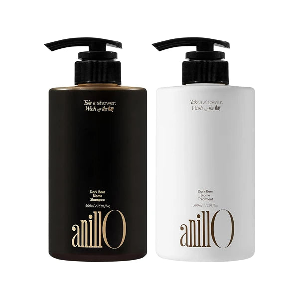 ANILLO Dark Beer Biome Hair Care Set – Vegan Anti-Hair Loss Shampoo & Repair Treatment with Beer Yeast, Caffeine, Biotin & Amino Acids – Scalp Strengthening & Cooling Care – 2-Pack (500ml x 2)