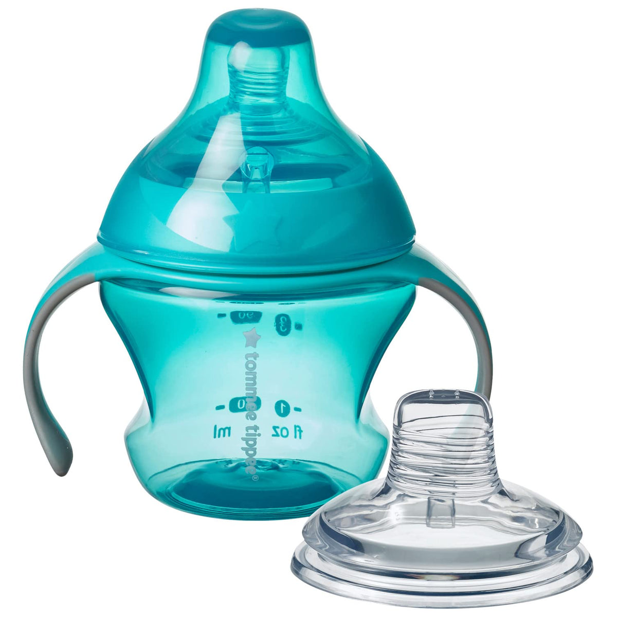 Tommee Tippee Transition Cup, Breast-Like Teat and Soft Silicone Spout, Removable Easy-Grip Handles, Leakproof Lid, 150ml, 4-7m+, Blue, 44708031, Bottle to Cup Transition, 1.0 Count, 1