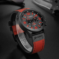 CURREN Watches for Men Red Leather Strap Watch Classic Casual Dress Military Watch Waterproof Chronograph Date Analog Quartz Watch (Black red)