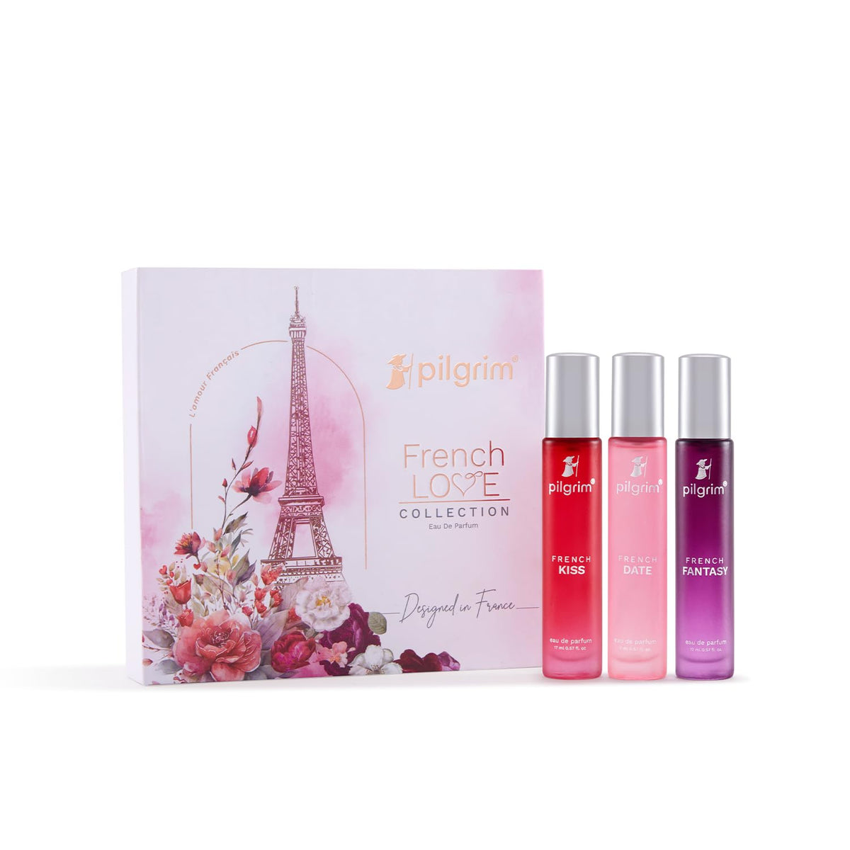 Pilgrim Women The French Love Collection Premium Aerosol Perfume Gift Set 3X17 Ml | Aerosol Perfume Long Lasting | Eau De Parfum | Designed In France | Floral, Oriental & Amber Fougere Fresh Scent
