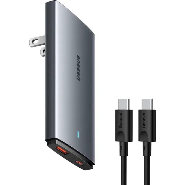 Baseus 65W Flat Wall Charger – 2-Port Ultra-Slim USB-C GaN Charger with Foldable Plug for MacBook, iPhone, Samsung, iPad & Steam Deck