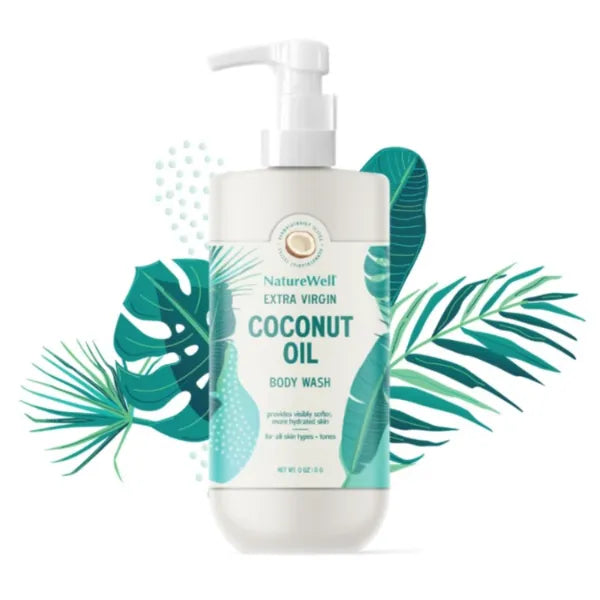 NATURE WELL Extra Virgin Coconut Oil Ultra-Moisturizing Body Wash, Gentle & Creamy Formula Packed with Antioxidants, Vitamins A, C & E, & Squalane, Provides Gentle Cleansing & Intense Hydration, 33 oz