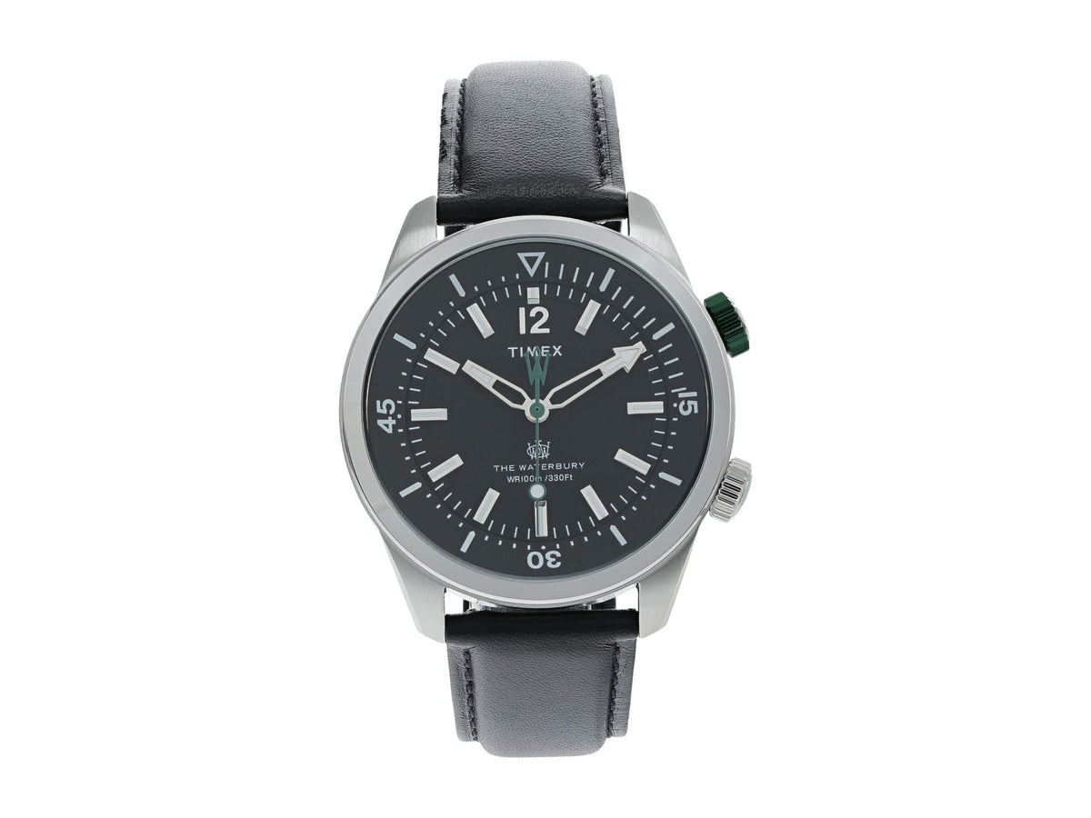 Timex Men’s Waterbury Diver 41mm Watch – Black Dial Stainless Steel Case with Black Leather Strap