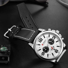 CURREN White Chronograph Fashion Trend Multi-Function Waterproof Quartz Watch Black Leather Strap Military Watch (Silver White)