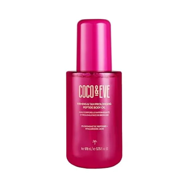 Coco & Eve Firming & Tan Prolonging Peptide Body Oil. Up to 28 Days Natural Tan Extender. After Sun Care with Tropical Oils, Vitamins C & E for Nourished, Glowy & Visibly Firmer Skin. 5.75 fl oz