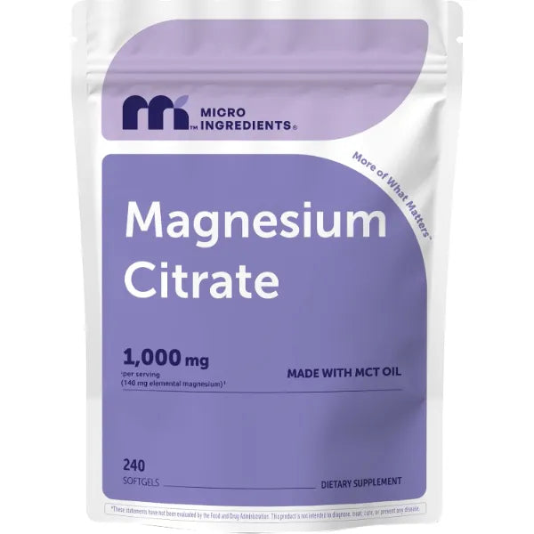Micro Ingredients Magnesium Citrate 1,000 mg Per Serving, 240 Softgels | Magnesium Supplements for Men and Women | Made with MCT Oil | Non-GMO, Gluten Free