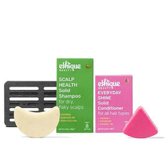 Ethique Beauty Scalp Health Shampoo & Everyday Conditioner Bar + Storage Tray Set for Dry, Flakey, & Itchy Scalps with Oatmeal Plastic Free