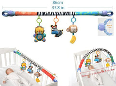 AMERTEER Baby Stroller Toy Bar| Sensory Hanging Toys for Baby Bouncer & Stroller Arch| 3PCS Soft Cloth Animal Arch with Rattle, Music Box & Bibi| Infant Travel Play for Motor Development (L70cm,H24cm)