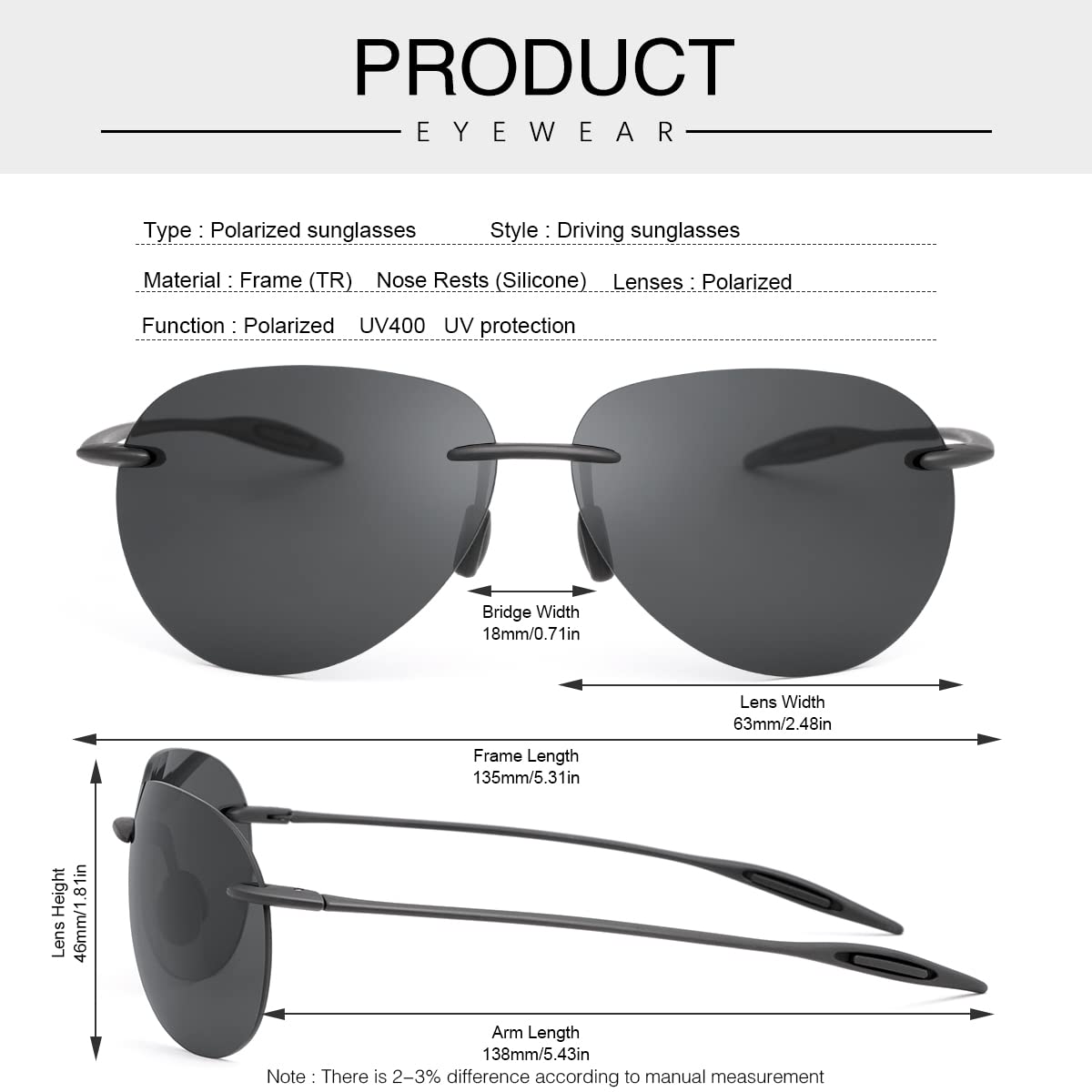 Polarized Sunglasses for Men Women Rimless Frame Driving Glasses UV400 Protection Mirror Lens Shades Sport Eyewear Eyeglasses