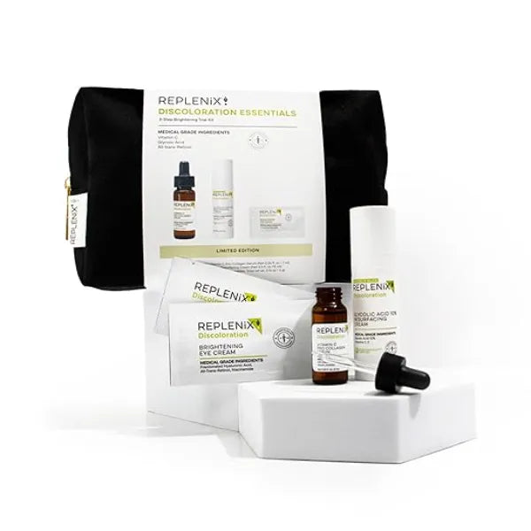 Replenix Discoloration Essentials 3 Step Brightening Medical-Grade Trial Kit (Set Includes Travel-Size Glycolic Acid Resurfacing Cream, Vitamin C Pro Collagen Serum, Brightening Eye Cream)