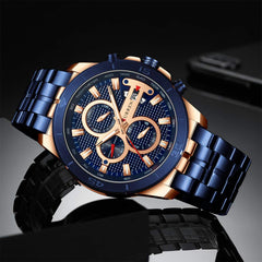 CURREN Quartz Watches for Men's Original Brand Calendar Multi-function style Waterproof Boys Steel Wrist Watch 8337 - Blue