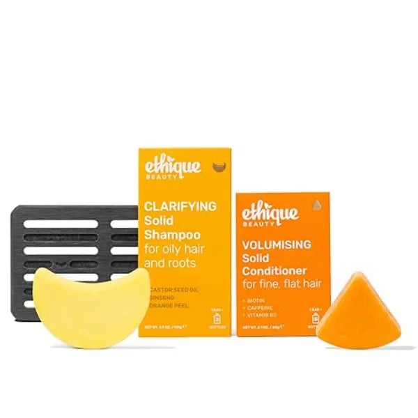Ethique Beauty Clarifying Shampoo & Conditioner Bar + Storage Tray Set for Oily Hair & Build up with Castor Oil Plastic Free