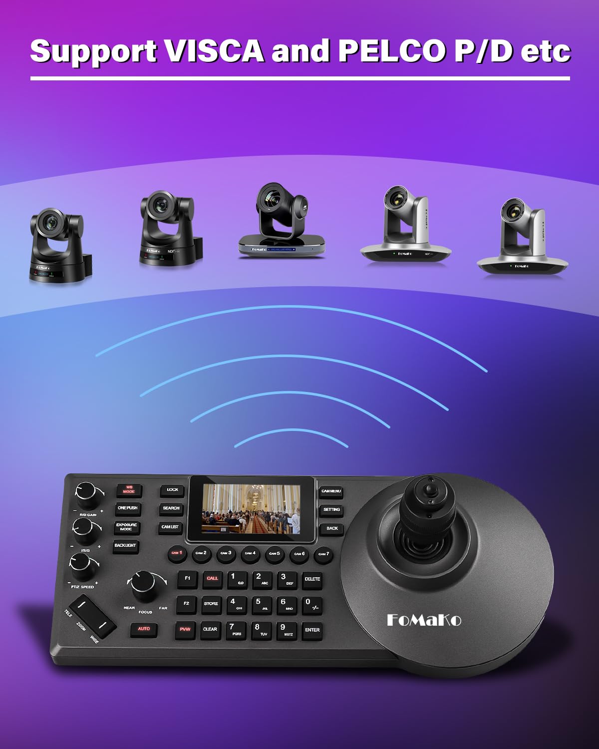 FoMaKo PTZ Controller PoE NDI Camera Controller, IP PTZ Camera Controller Keyboard with 4D Joystick for Live Streaming, PTZ Network Keyboard Visca PELCO D/P RS232 RS485 LCD Screen (KC608 Pro)