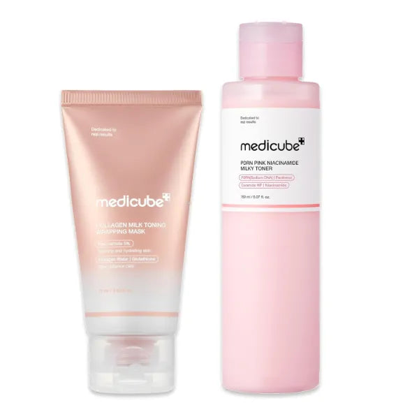 medicube Milky Glazed Donut Skin Duo, Collagen Glazed Milky Glow Wrapping Mask (75ml) and PDRN Pink Niacinamide Milky Toner (150ml) | Moisture-Boosting Toner and Mask for Radiant Glass Glow Skin