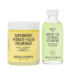 Youth To The People Rinse + Rest Travel Size Duo, 2-Pc Skincare Bundle Set, Superfood Kale + Green Tea Face Wash (2oz) + Superberry Hydrate + Glow Dream Overnight Face Mask with Vitamin C (2oz)