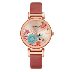 CURREN Ladies Analog Watch Rose Gold Stainless Steel Case Floral Design Dial Brown Leather Strap - Brown