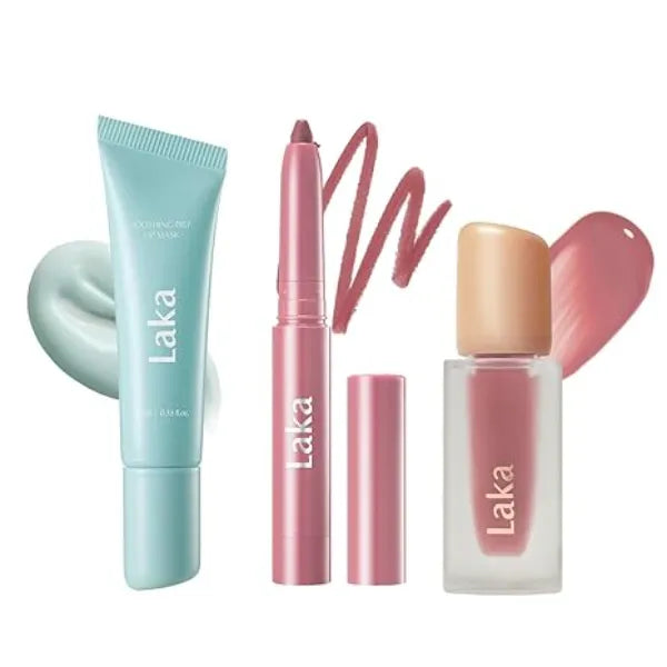 Laka Soothing Prep Lip Mask + Stain Lip Liner #02 Suede Pink & Fruity Glam Lip Tint #124 Maro, Peel off Lip Mask & Long Lasting Vivid Color