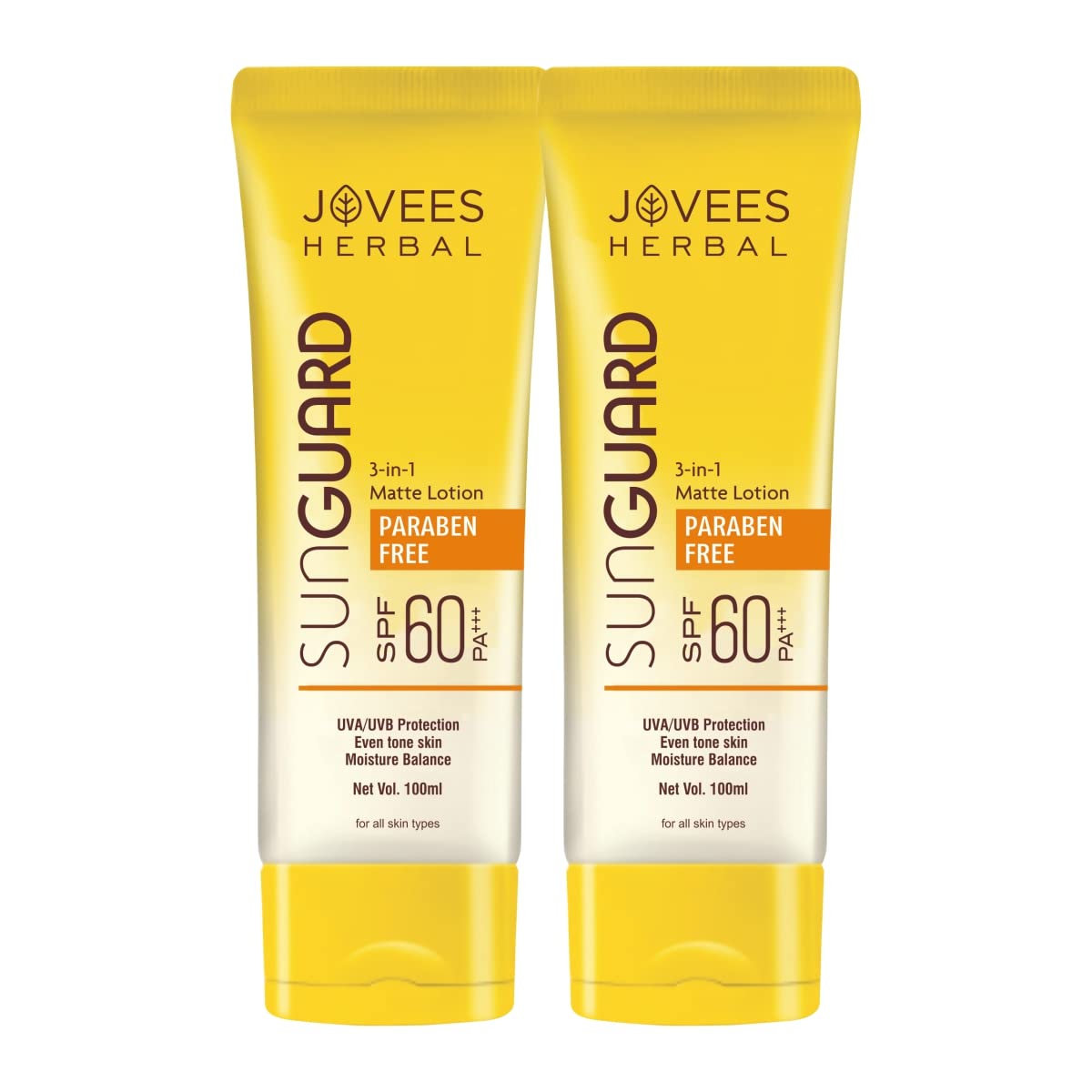 Jovees Herbal Sunguard Lotion SPF 60 PA+++ Broad Spectrum | 3-in-1 Matte Lotion | UVA/UVB Protection, Moisture Balance & Skin Tone Evenness 100ml (Pack of 2)