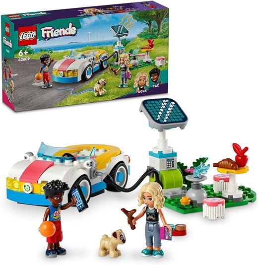 LEGO Friends Electric Car and Charger, Eco Vehicle Toy for 6 Plus Year Old Girls, Boys & Kids, Role-Play Adventure Set with Mini-Doll Characters Nova and Zac and a Pet Dog Figure Small Gift Idea 42609