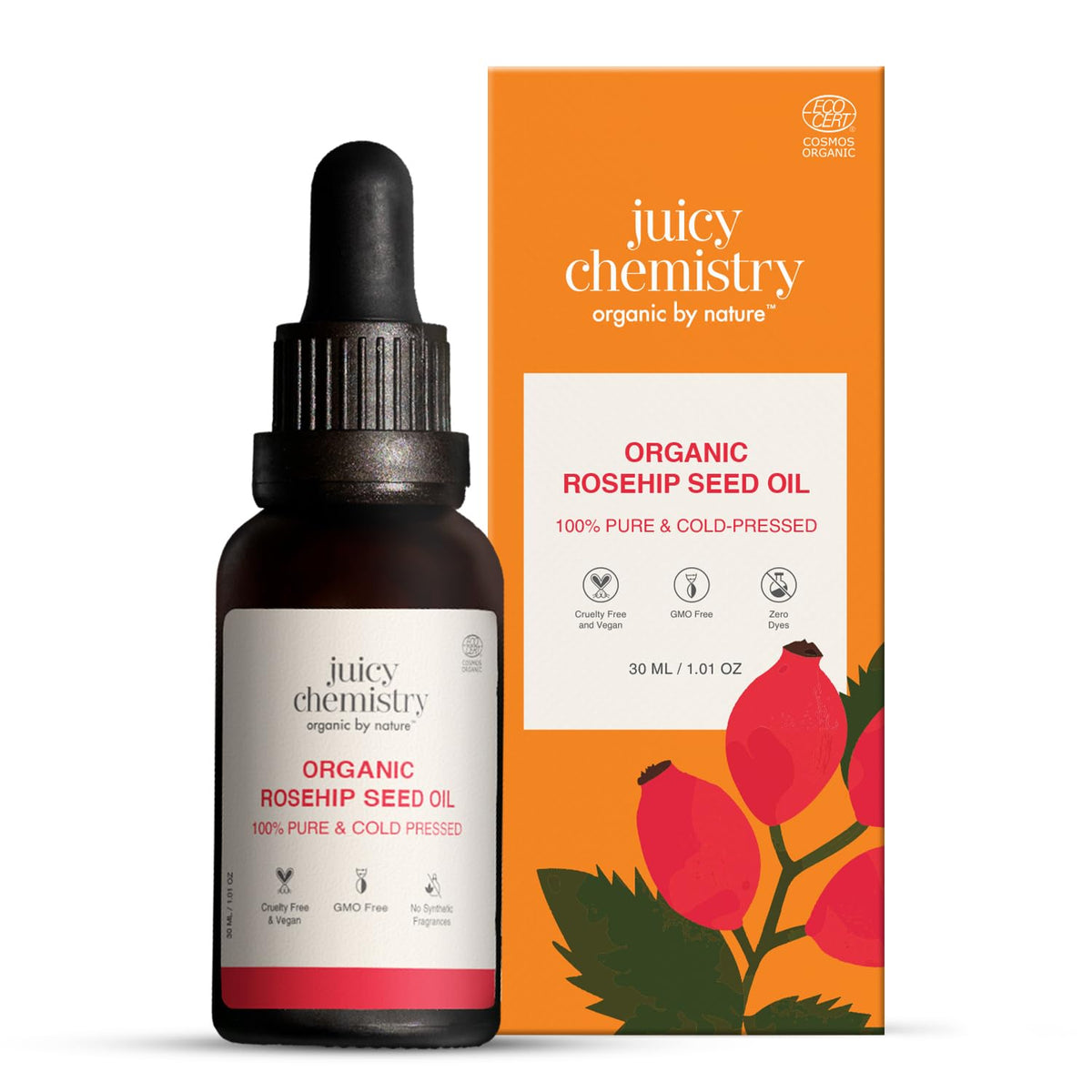 Juicy Chemistry Rosehip Seed Oil, 30ml | 100% Pure, Organic, Cold-Pressed Carrier Oil | Reduces Scars, Stretch Marks, Fine Lines, Wrinkles | Therapeutic Grade for Face, Hair, Nails | Unisex