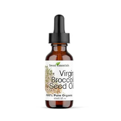 Sweet Essentials Organic Unrefined Broccoli Seed Oil Imported From Canada 2oz Glass Bottle 100% Pure Virgin Cold Pressed Natural Moisturizer for Skin, Hair and Face