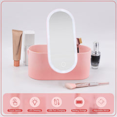 KASTWAVE Portable Makeup Organizer with LED Light & Mirror, Multi-functional Cosmetic Storage Case with Handle for Travel, Camping, Home Use - Stylish Pink Makeup Box