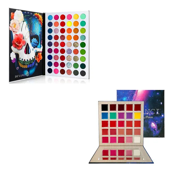 DE'LANCI Big Colorful Neon Eyeshadow Palette + Lipstick Palette Nude Red Peach Pink Shades 25 Color, Bright Neon Glitter Matte Shimmer Makeup Pallet, Long Lasting Soft Smooth Lipstick Waterproof