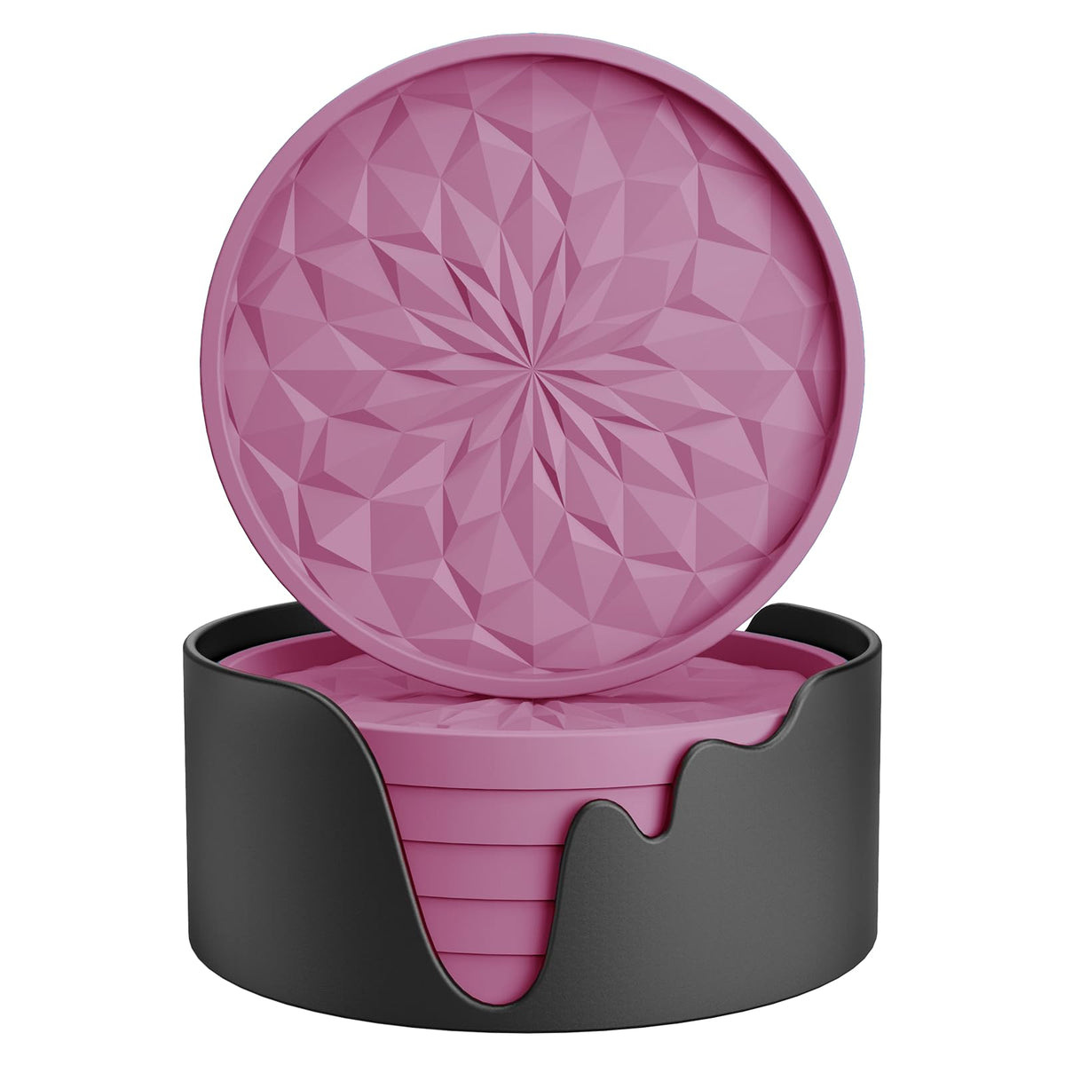 ME.FAN Silicone Coasters with Holder,[6 Pack] Drinking Coasters - Cup Mat for Hot or Cold Drinks, Thickened, Non-Slip, Non-stick,Deep Tray Dusty Rose