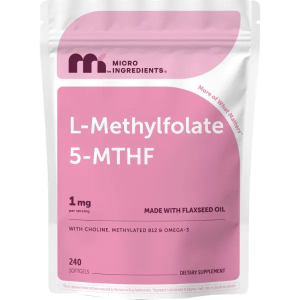 Micro Ingredients L-Methylfolate 1000mcg, 240 Softgels | 5-MTHF Active Folate with Methylcobalamin B12, Choline & Flaxseed Oil | High Absorption Methylated B9 Supplement for Methylation Support*