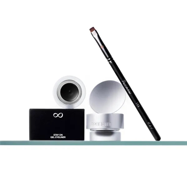Piccasso 798 Flat Eyeliner Brush + Stay On Gel 01 Deep Black Bundle – Waterproof High Pigment Cream with Soft Precision Brush for Tightlining, Waterline & Lash Line, Korean