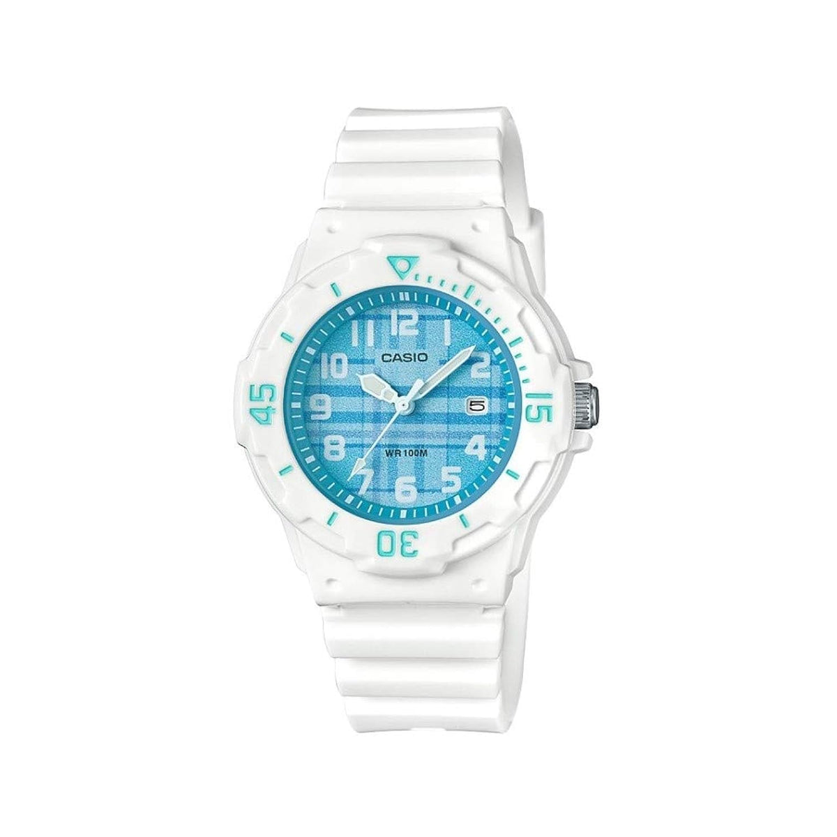 Casio Womens Quartz Watch, Analog Display and Resin Strap White/Pattern Blue